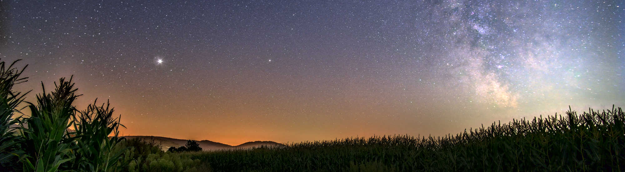 Ausschnitt der Milchstraße über einem Maisfeld im September, aufgenommen in der Rheinebene